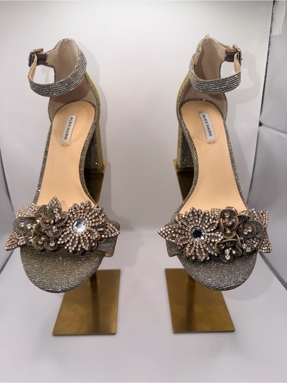 Alex Marie Gold Glitter Crystal Floral Block Heel Sandals